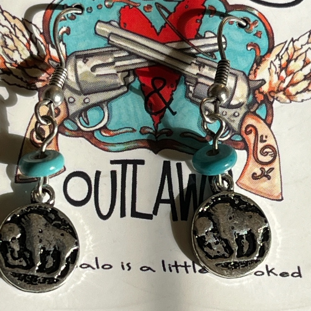 •Buffalo Silver & Turquoise Dangle Earrings• - Picture 3 of 5